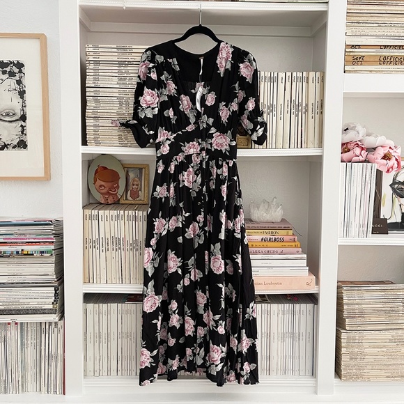 Free People Dresses & Skirts - FREE PEOPLE Love of My Life Midi dress black with pink green flower print NWT